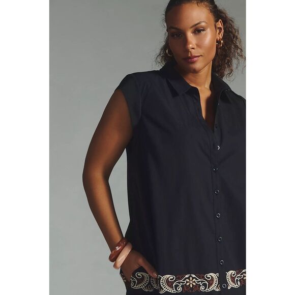 New Anthropologie Embroidered Midi Swing Black Shirt Dress Medium - Picture 3 of 13